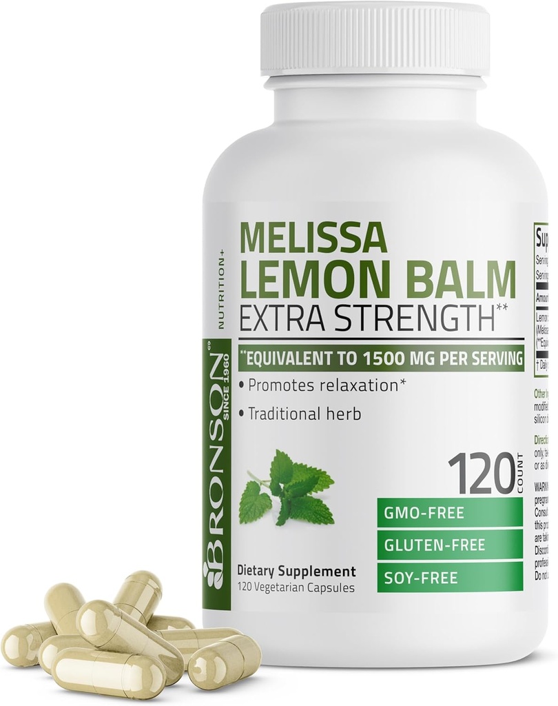 Bronson Melissa Lemon Balm Επιπλέον δύναμη, μη ΓΤΟ, 120 κάψουλες χορτοφάγων