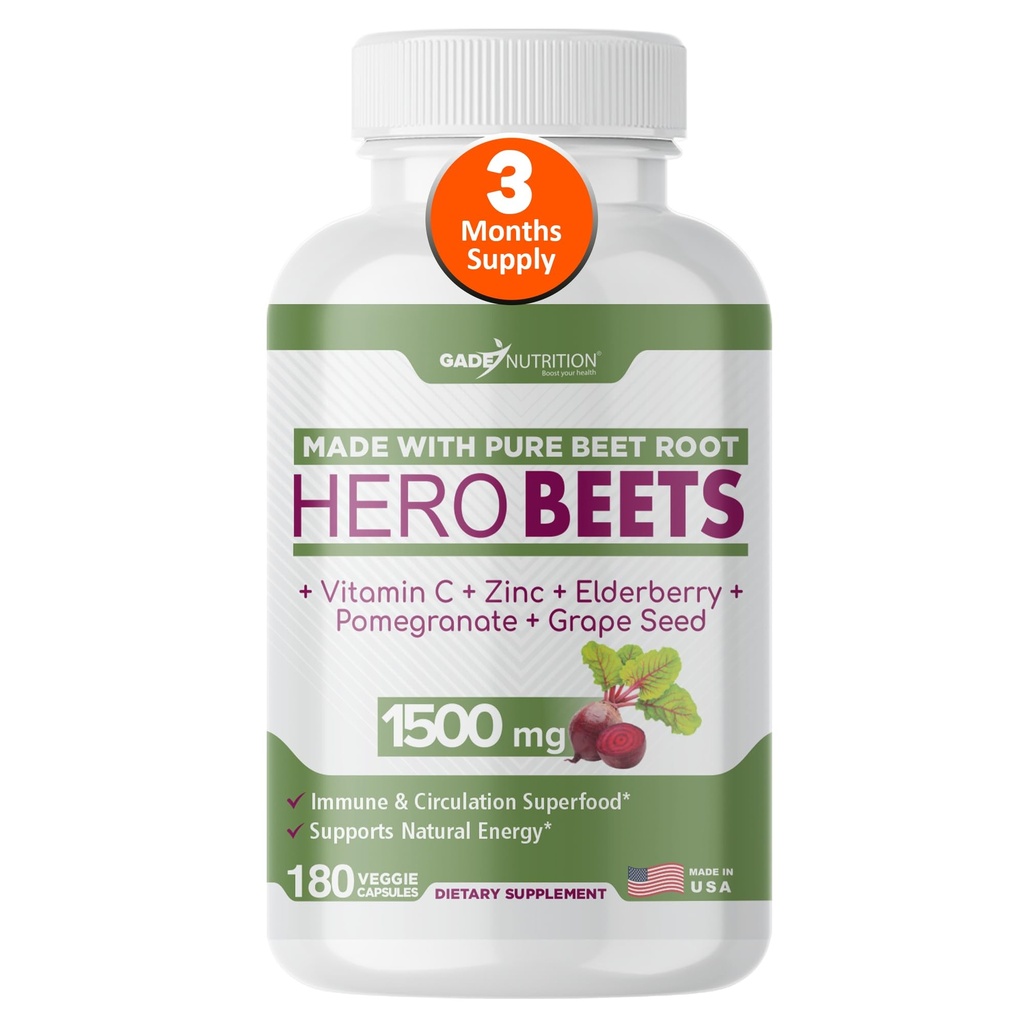 Gade Nutrition Hero Beets - Κάψουλες ρίζας τεύτλων 1500mg - Βιολογική Σκόνη ρίζας τεύτλων + Βιταμίνη C Ψευδάργυρος, Βατόμουρο, Ρόδι, εκχύλισμα σπόρων σταφυλιών - 3 Μήνες Προσφορά