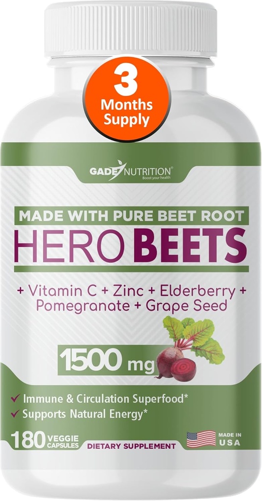 Gade Nutrition Hero Beets - Κάψουλες ρίζας τεύτλων 1500mg - Βιολογική Σκόνη ρίζας τεύτλων + Βιταμίνη C Ψευδάργυρος, Βατόμουρο, Ρόδι, εκχύλισμα σπόρων σταφυλιών - 3 Μήνες Προσφορά