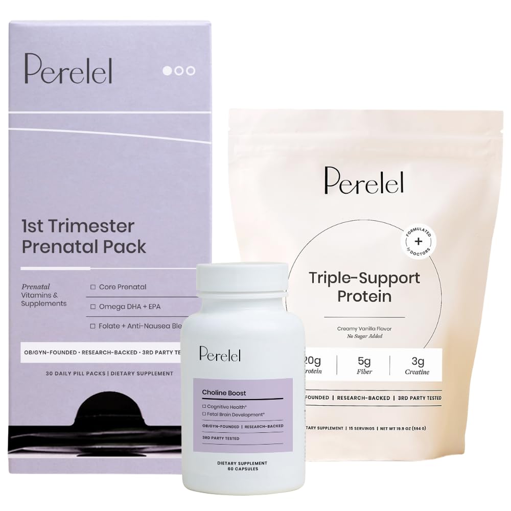 Perelel Early Pregnancy Support Bundle, 1st Trimester Prenatal Vitamin Pack, Triple-Support Protein, & Choline Boost