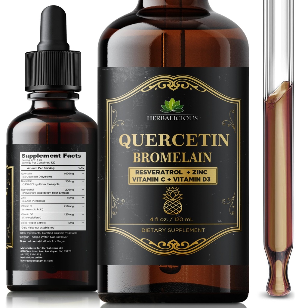 HERBALICIOUS Quercetin Bromelain Liquid with Resveratrol, Zinc, Vitamin C & D3 – Immune Support Drops – 4 fl oz (120 mL) – Fast Absorption – Non-GMO Dietary Supplement