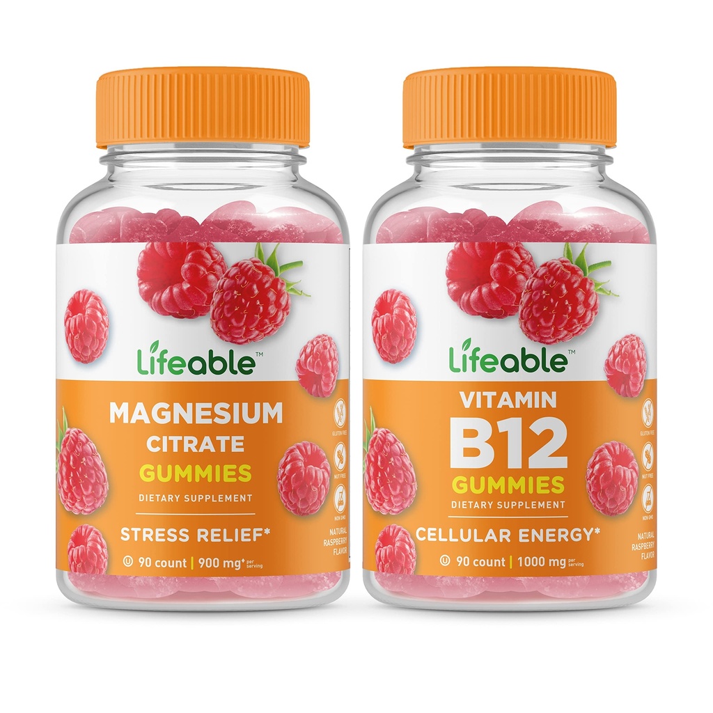 Ζωηρό μαγνήσιο + Βιταμίνη B12, Gummies Bundle - Μεγάλη γεύση, συμπλήρωμα βιταμίνης, χωρίς γλουτένη, GMO δωρεάν, Μασώμενη Gummy
