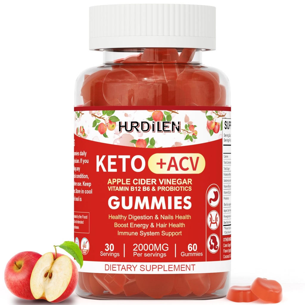 Keto ACV Gummies - 2000mg μηλίτη μηλίτη Ξίδι με προβιοτικά, βιταμίνη B12 & B6 για Digestion, Energy Boost, ανοσοποίηση & υγεία των μαλλιών - 60 Count No Sugar, Non-GMO, Gluten-free για γυναίκες άνδρες