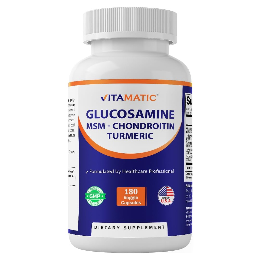 Vitamatic Glucosamine Chondroitin MSM 180 Veggie Capsules – Joint Support Supplement for Women & Men – Shellfish Free, Non-GMO