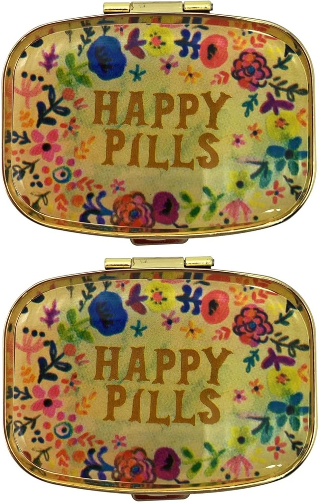 AmyZone Metal Pill Organizer Ταξιδέψτε Φιλικά Φορητό Compact Pill Box Χαριτωμένη περίπτωση Χάπια για να κρατήσει τις βιταμίνες / Tylenol / Fish Oil / Συμπληρώματα / Meds / Tablet για Purse / Pocket (Happy Pills 2 τεμ με καθρέφτη μέσα)