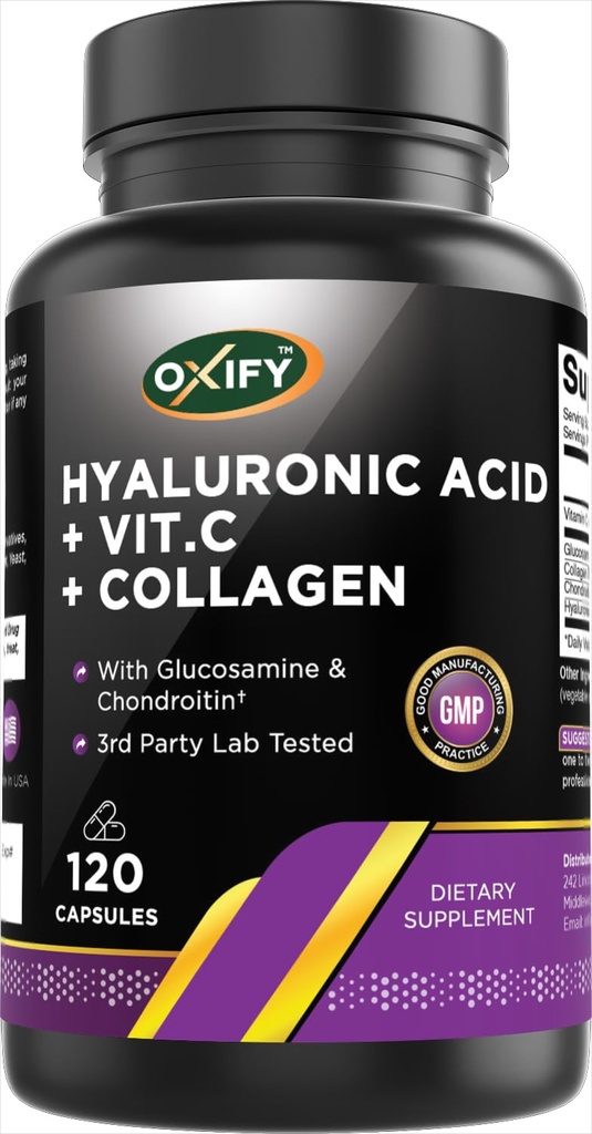 Oxify Hyaluronic Acid with Glucosamine, Chondroitin, Collagen, Vitamin C - 1410 mg per Serving - 120 Capsules | Gluten-Free, Non-GMO | Supplement Made in USA