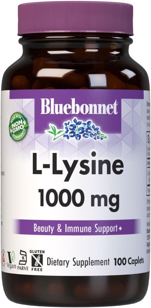 BlueBonnet L-Lysine 1000mg Essential Amino Acids Supplement - Συμπληρώματα Υποστήριξης Ανοσοποιητικού & Κολλαγόνου για γυναίκες & άνδρες - Μη-ΓΤΟ, Vegan & Gluten-Free - 1000 mg L L L Lysine Per Serving - 100 Caplets