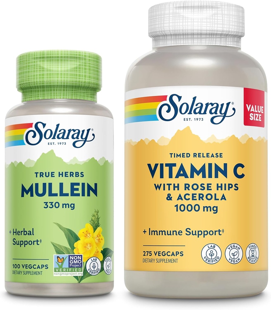 SOLARAY Vitamin C 1000mg και Mullein Leaf Wellness Bundle - Time Release Vitamin C Supplement και Mullein Caps, παραδοσιακά χρησιμοποιείται για την υποστήριξη της ευεξίας - Vegan, 60-Day Εγγύηση, 275/100 VegCaps