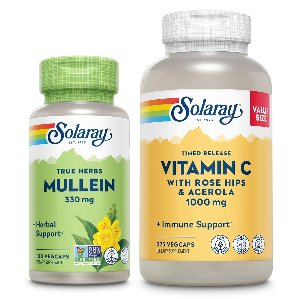 SOLARAY Vitamin C 1000mg και Mullein Leaf Wellness Bundle - Time Release Vitamin C Supplement και Mullein Caps, παραδοσιακά χρησιμοποιείται για την υποστήριξη της ευεξίας - Vegan, 60-Day Εγγύηση, 275/100 VegCaps