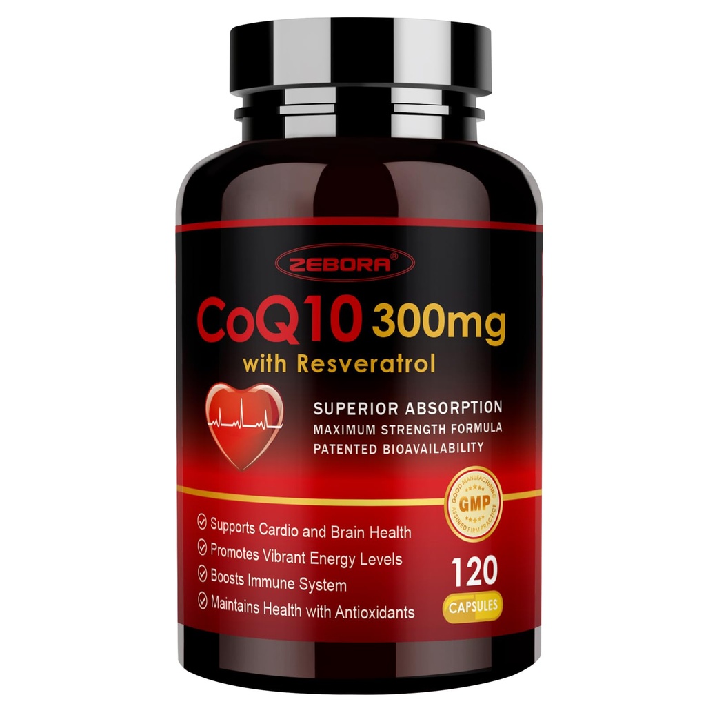 ZEBORA CoQ10-300mg με Trans-Reεσβερατρόλη, PQQ & Βιταμίνη Ε - Υψηλής Απορρόφησης Συνένζυμο-Q10 με BioPerine - Ισχυρό Αντιοξειδωτικό για Καρδιά & Ενέργεια-Παραγωγή,120 Κάψουλες Veggie