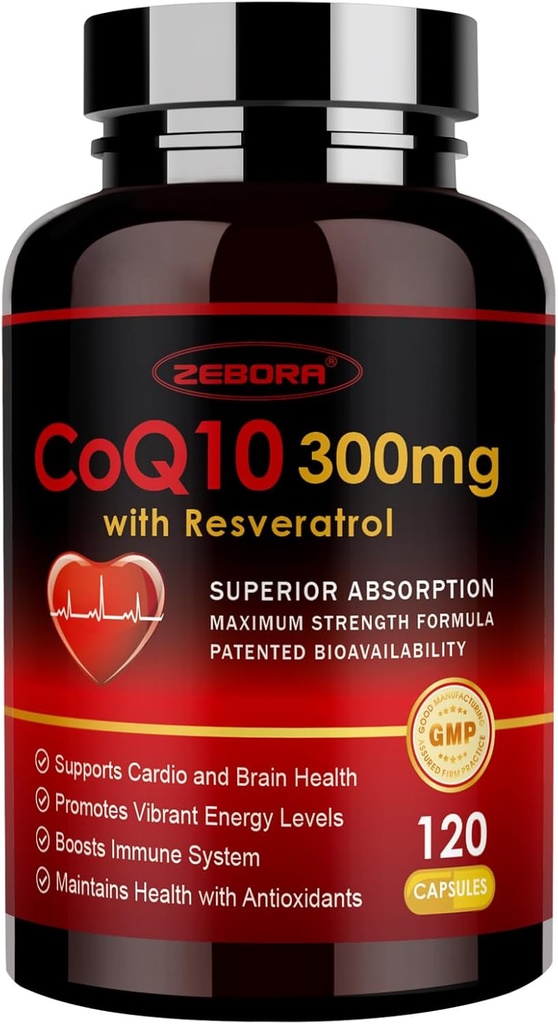 ZEBORA CoQ10-300mg με Trans-Reεσβερατρόλη, PQQ & Βιταμίνη Ε - Υψηλής Απορρόφησης Συνένζυμο-Q10 με BioPerine - Ισχυρό Αντιοξειδωτικό για την καρδιά & την ενέργεια-παραγωγή,120 Κάψουλες Veggie