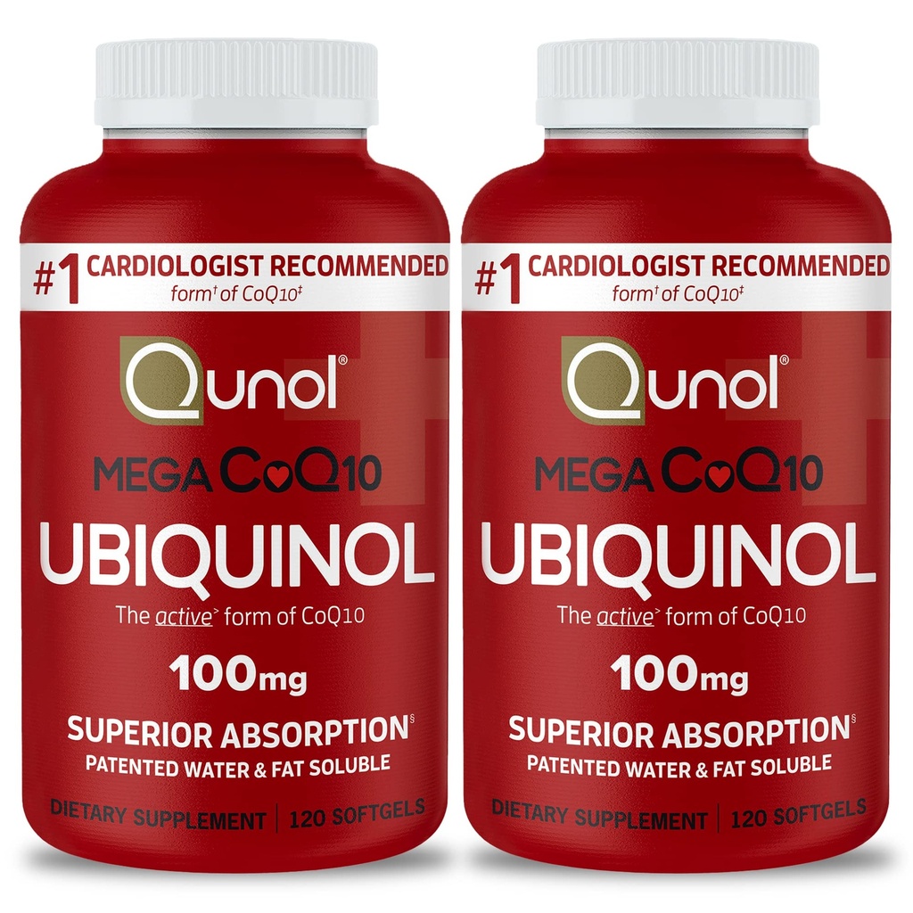 Qunol Mega Ubiquinol CoQ10 100mg, Superior Absorption, Patented Water and Fat Soluble Natural Supplement Form of Coenzyme Q10, Antioxidant for Heart Health, 240 Count Softgels, 120 Count (Pack of 2)