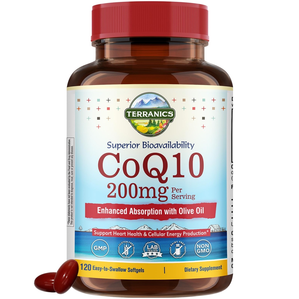 Terranics CoQ10 200mg, Coenzyme Q10 συμπλήρωμα με επιπλέον παρθένο ελαιόλαδο για ενισχυμένη απορρόφηση, Κατασκευάζεται στις ΗΠΑ, υποστηρίζει την υγεία της καρδιάς, αντιοξειδωτική προστασία, παραγωγή ενέργειας, μη GMO, 120 Softgels