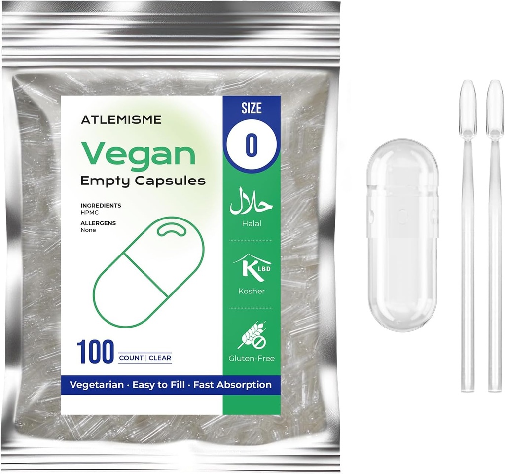 Άδειες κάψουλες Vegan Μέγεθος 0 - (100 κόμης) Άδειες κάψουλες DIY Καψάκιο λαχανικών Γέμισμα - Άδειες κάψουλες λαχανικών με 2 κουταλάκια μικροεργαστηρίου