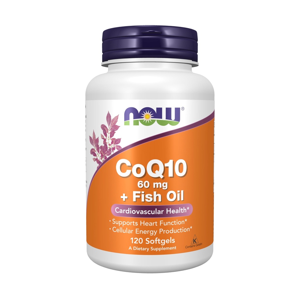 NOW Συμπληρώματα Τροφίμων, CoQ10 60 mg με Ωμέγα 3 ιχθυέλαιο, Καρδιαγγειακή Υγεία *, 120 Softgels