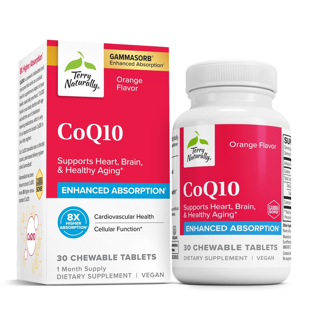 Terry Naturally CoQ10 Chewables - Cellular Energy Support Supplement - Higher Absorption CoQ10 Chewable Supplement - Nutritional Supplement to Aid Healthy Aging & Brain Health - 30 Chewables