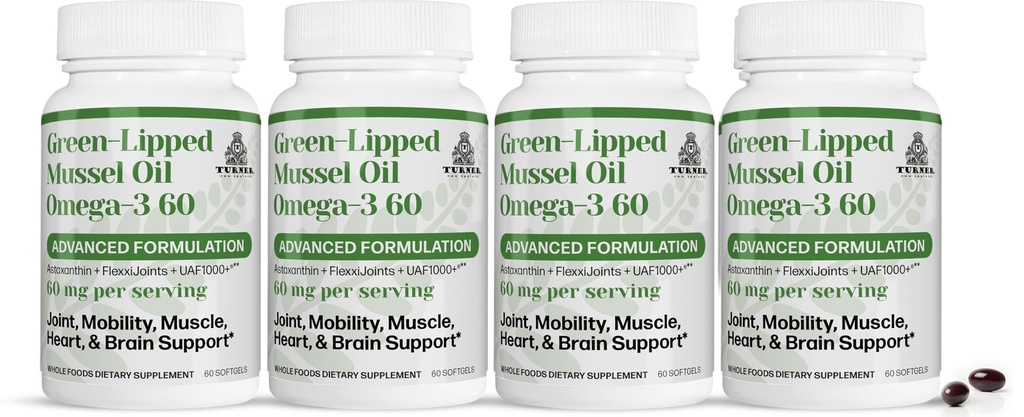 TURNER New Zealand Green Lipped Omega-3 Mussel Oil, 53x Higher Potency with UAF1000+ Antioxidant, No Fishy Aftertaste, 4 Bottles, 240 Softgels