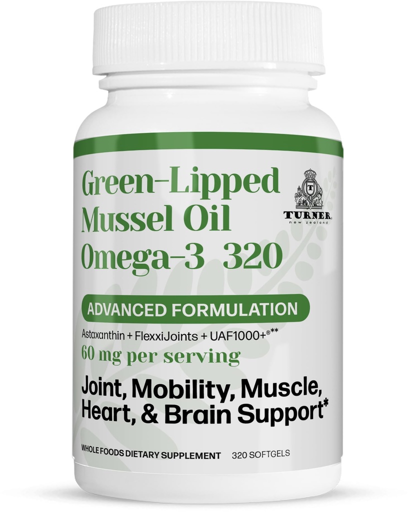 TURNER New Zealand Green Lipped Mussel Oil, UAF1000+ Super Antioxidant, No Fishy Aftertaste, 1 Bottle, 320 Softgels