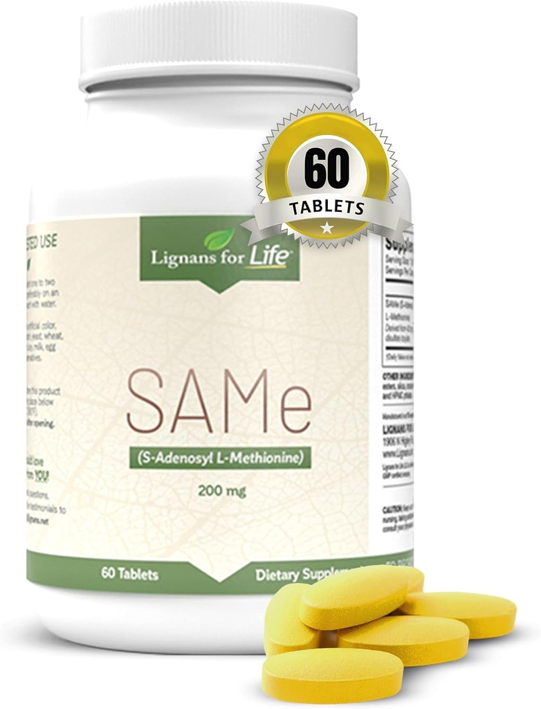 Lignans For Life SAM-e 200mg, 60 Tablets - Διατροφική υποστήριξη για ενήλικες, Mood & Joint συμπλήρωμα υποστήριξης, Ηπατική Υγεία, Iνορεοειδές & Ανοσία Υποστήριξη, Εγκεφαλική Υγεία, S-Adenosyl Μεθειονίνη συμπλήρωμα