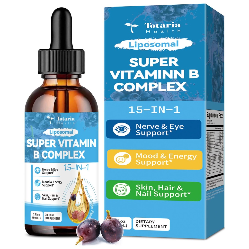 15-in-1 Liposomal Vitamin B Complex Pro, Sugar-free B Complex Drops with B1, B2, B3 Niacinamide, Choline, B5, B6, B7 Biotin, Inositol, Folate, B12, Zinc, Lutein, Zeaxanthin, Taurine & Vit. C, 2 fl oz
