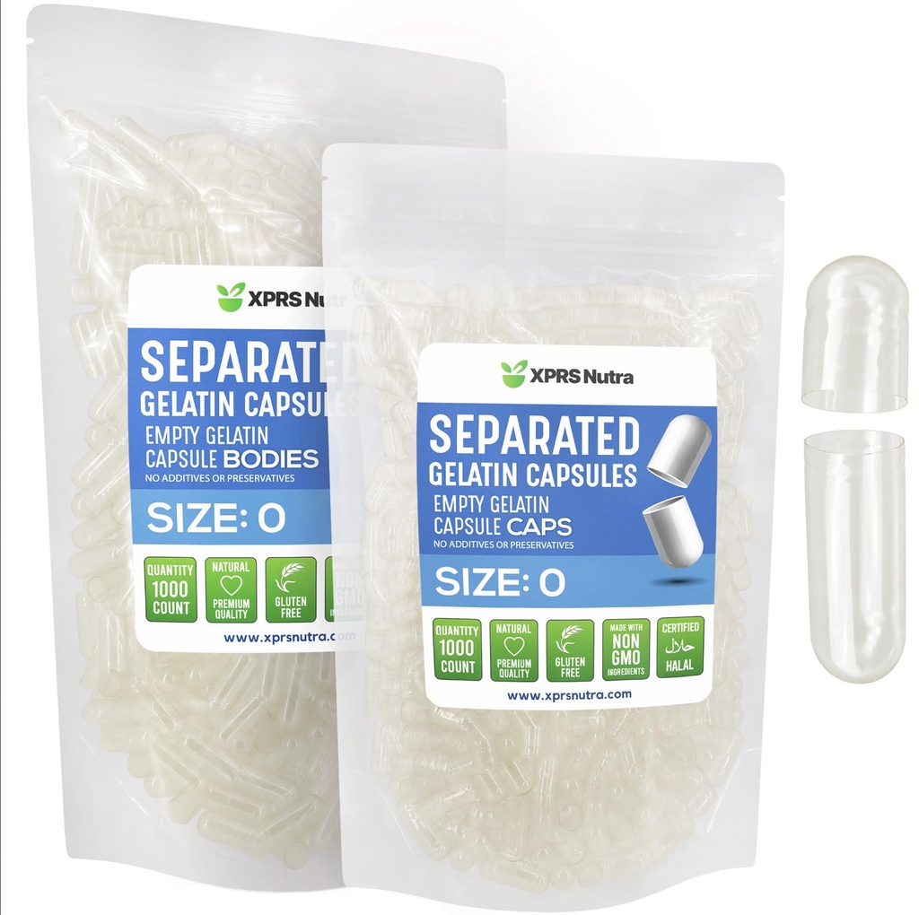 XPRS Nutra Gelatin Size 0 Separated Capsules - 1000 Count Clear Empty Capsules Separated in Bags - Size 0 Gelatin Clear Gel Caps for DIY Supplement Filling
