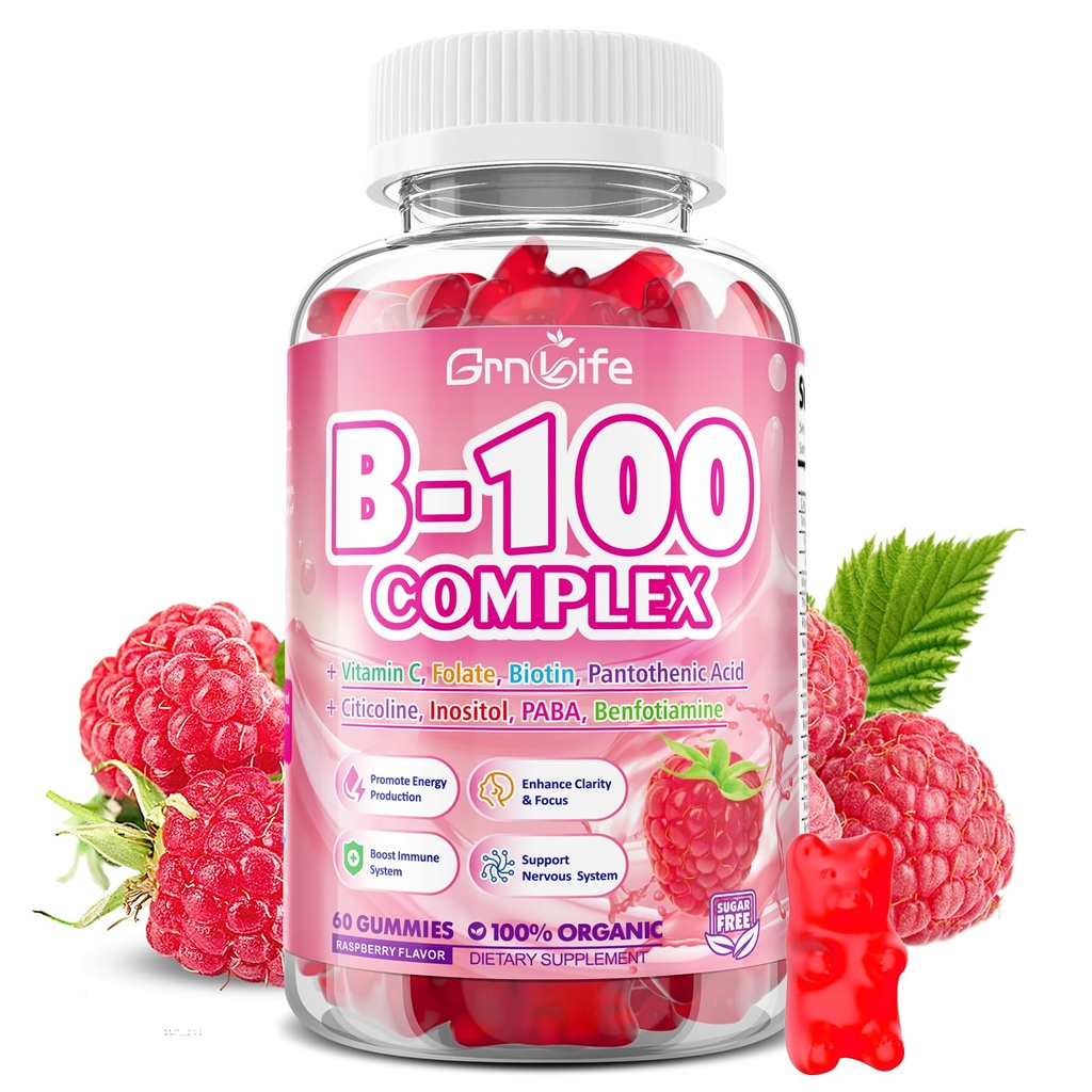 Vitamin B Complex Gummies, All B Vitamins + Methyl B12, B1, B2, B3, B5, B6, Biotin, Methylfolate, Vitamin C, Choline, Inositol, PABA for Energy & Immune Support, Raspberry Flavor, 60 Count