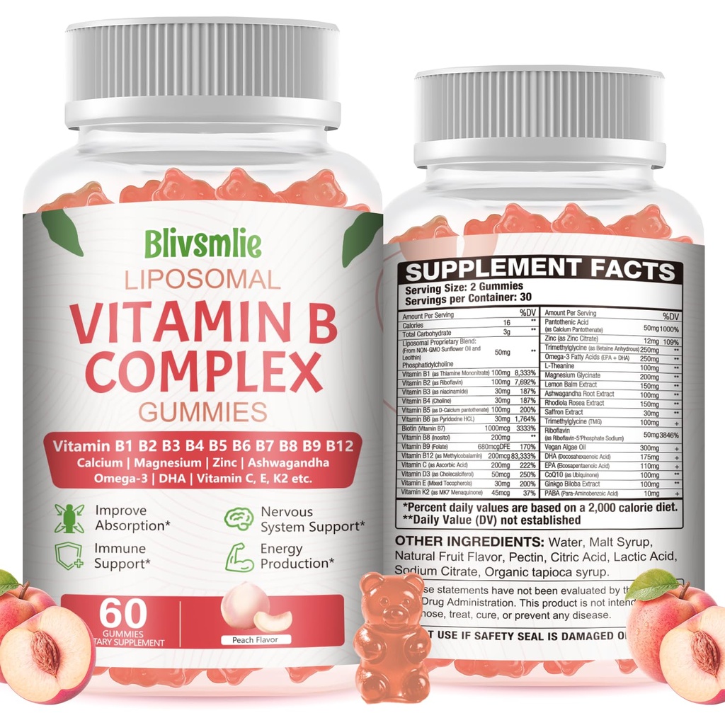 33-IN-1 Liposomal Overall 3500mg + Vitamin B Complex Gummies -B1, B2, B3, B4, B5, B6, B7, B8, B9,B12 | Vitamin C, D3,K2 | Coq10 Omega 3 etc for Energy, Brain,Immune,Skin Support &Heart Support ﻿