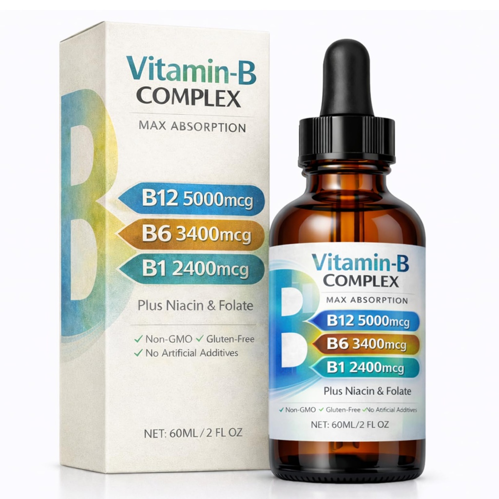 Vitamin B12 Complex Liquid Drops, Sublingual B Complex with B12, B6, B1, Niacin & Folic Acid for Metabolic Health & Energy Support, Vegan | Non-GMO | Gluten Free, 60ml/2 fl oz, 60 Servings (1 pc)