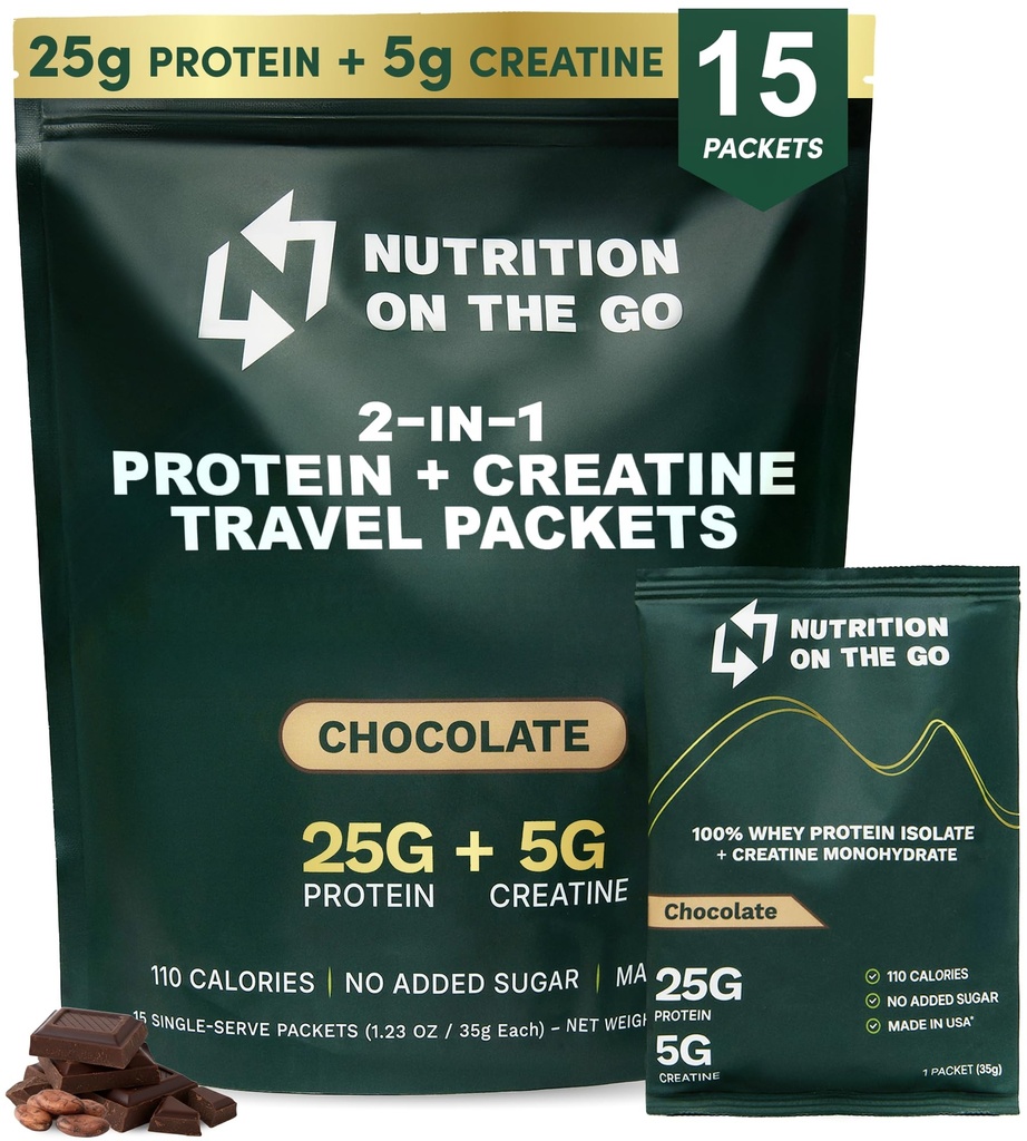 Διατροφή On The Go Whey Protein Isolate Packets με Creatine - 25g Πρωτεΐνη + 5g Creatine - Single-Serve Travel Protein Powder - 5.9g BCAAs, Keto & Low-Carb, Χωρίς γλουτένη - Σοκολάτα (15-Pack)