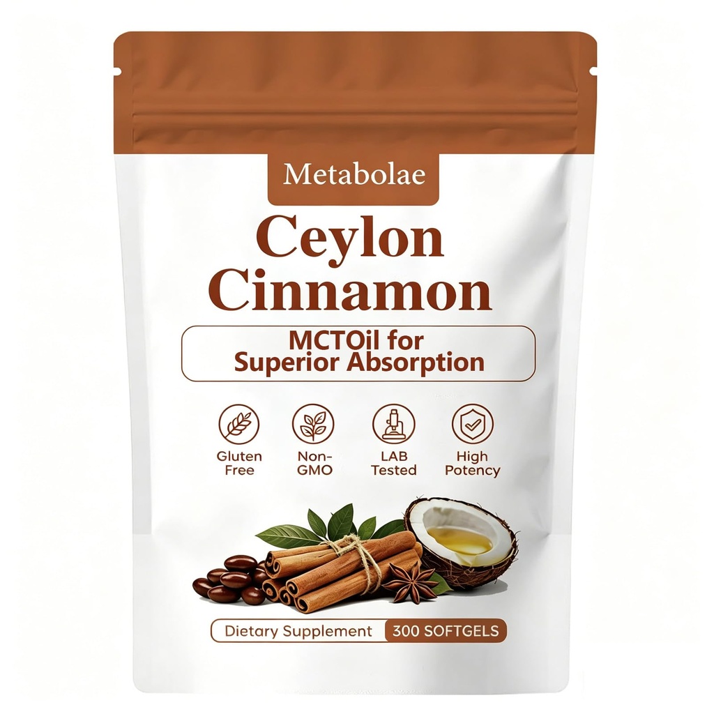 Metabolae Ceylon Cinnamon Capsules with MCT Oil, 300 Softgels | High Absorption, Non-GMO, Gluten Free
