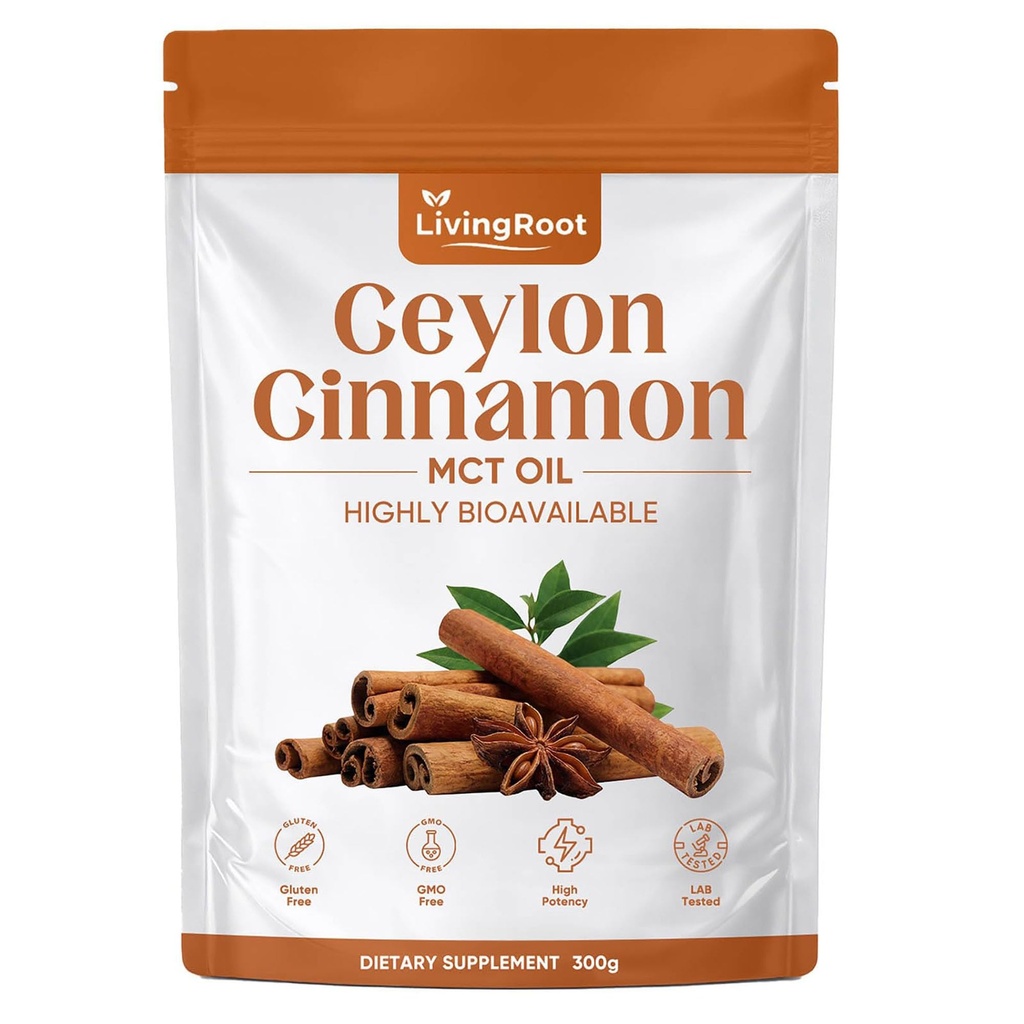 Living Root Ceylon Cinnamon Powder - LivingRoot with MCT Oil, Highly Bioavailable Herbal Supplement, Non-GMO, Gluten-Free, Fine Powder for Daily Nutrition - 300 g (10.5 oz)