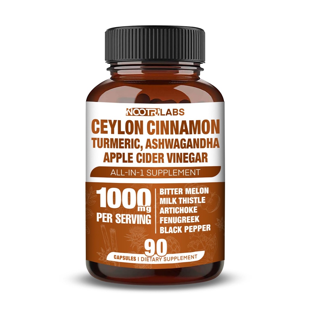 All-in-1 1000mg Highest Potency Ceylon Cinnamon, Turmeric, Apple Cider Vinegar, Ashwagandha, Bitter Melon with Milk Thistle, Artichoke & Fenugreek - Gluco Health Support - 90 Vegan Capsules