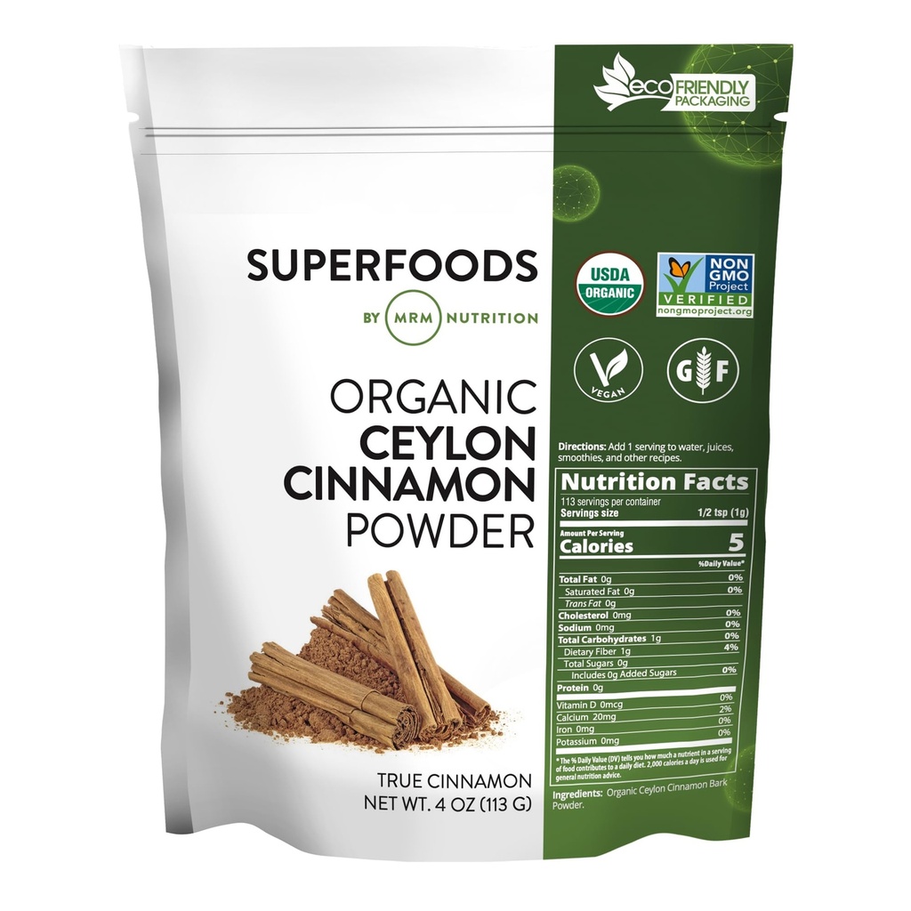 MRM Organic Ceylon Cinnamon Powder - Pure Cinnamon Powder - For Women & Men - Antioxidants and Phytonutrients for Drinks, Smoothies, Baking, and Recipes, Vegan & Gluten-Free - 113 Servings