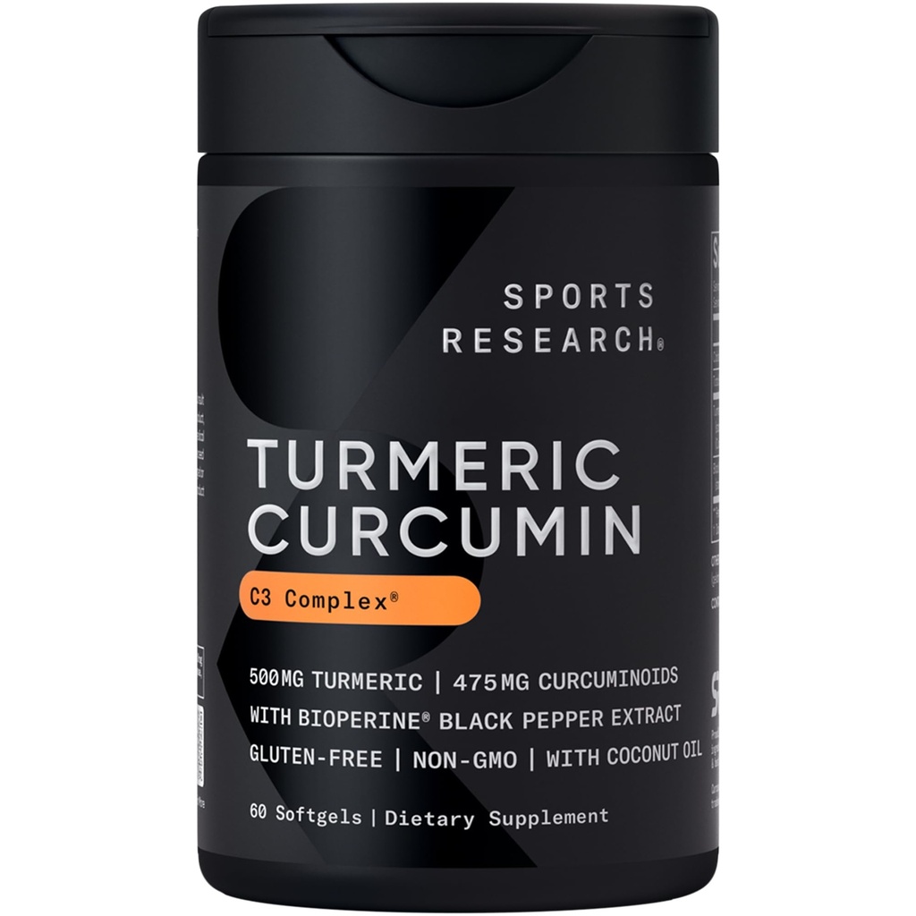 Sports Research Turmeric Curcumin C3 Complex 500 mg, Ενισχυμένο & Μαύρο Πιπέρι και Βιολογικό Λάδι Καρύδας για Καλύτερη Απορρόφηση; Μη ΓΤΟ και Χωρίς Γλουτένη - Τυποποιημένα 95% Κουρκουμινοειδή (60 Count Softgels)