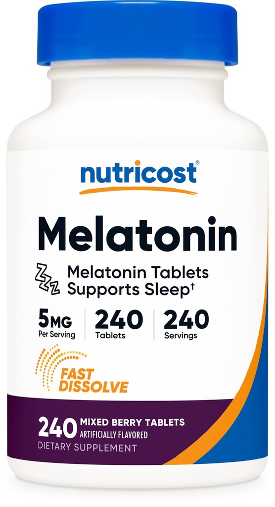 Nutricost Μελατονίνη 5mg, 240 δισκία ταχείας διάλυσης (ανάμεικτο άρωμα μούρου) - Μη ΓΤΟ, Χωρίς γλουτένη