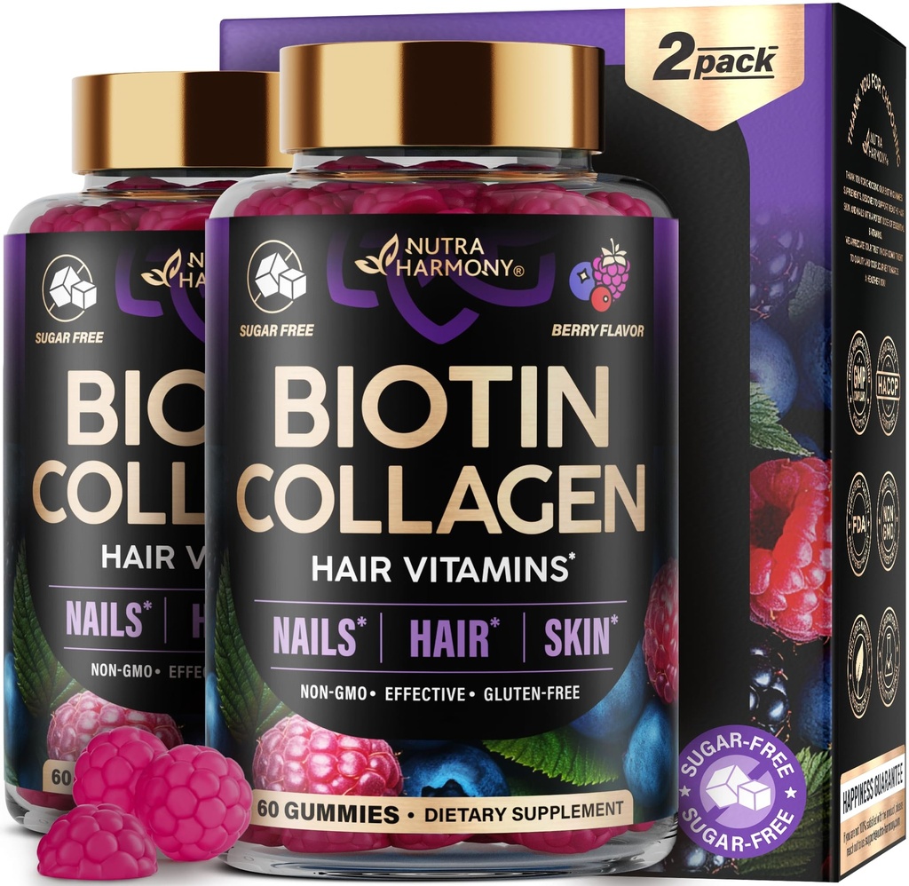 Biotin Gummies with Collagen - Hair Growth Support Skin, & Nail Strength - for Women & Men - Biotin 10000mcg | Keratin | Hyaluronic Acid | B-Complex | Saw Palmetto - Sugar-Free, Mixed Berry, Pack of 2