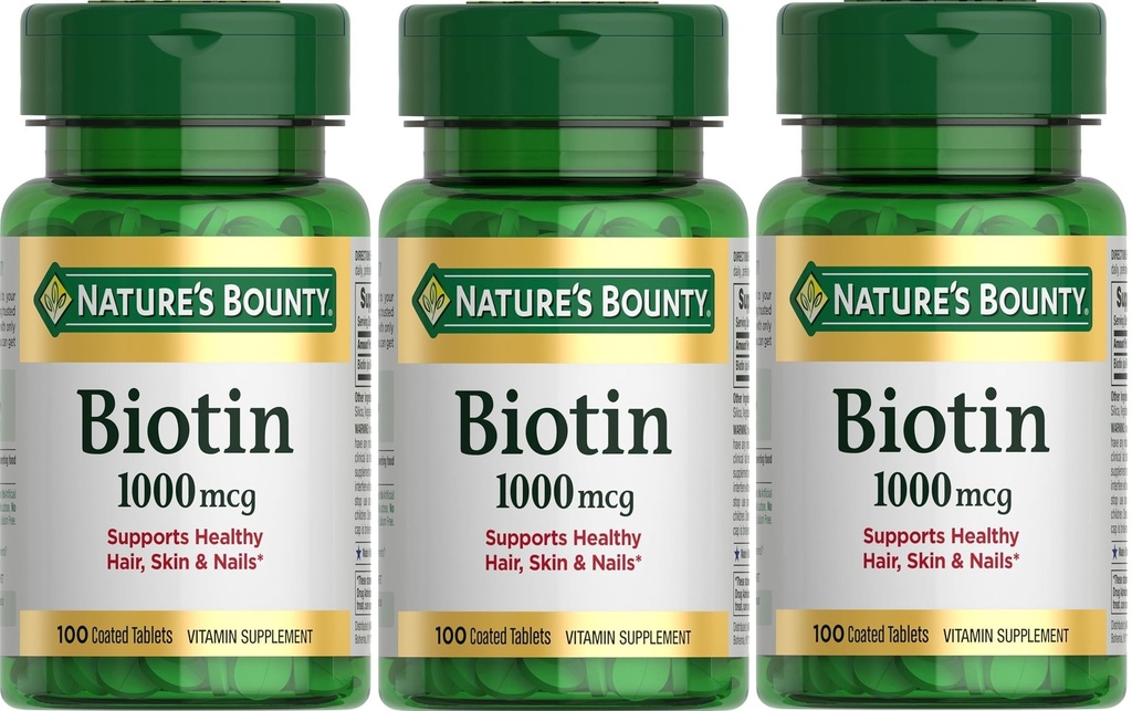 Nature's Bounty Biotin 1000 mcg Tablets, Strawberry, 100 Count, Pack of 3