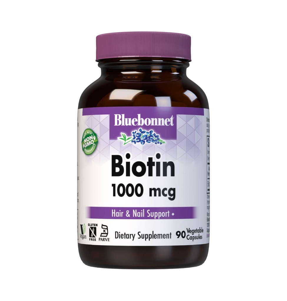 Bluebonnet Nutrition Biotin 1000 Mcg Vegetable Capsules, Biotin is a B Vitamin That Helps Make Keratin, Vegan, Vegetarian, Non GMO, Gluten Free, Soy Free, Milk Free, Kosher, Vegetable Capsules, 90 Count