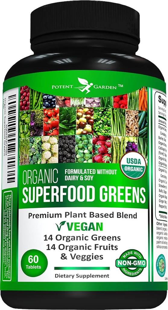 Poent Garden Organic Superfood Greens, Fruit and Veggies συμπλήρωμα πλούσιο σε βιταμίνες & αντιοξειδωτικά με Alfalfa, Beet Root & Tart Cherry για την ενίσχυση της ενέργειας, της ανοσίας & της ουροδόχου κύστης, ταμπλέτες πράσινου 60 Ct