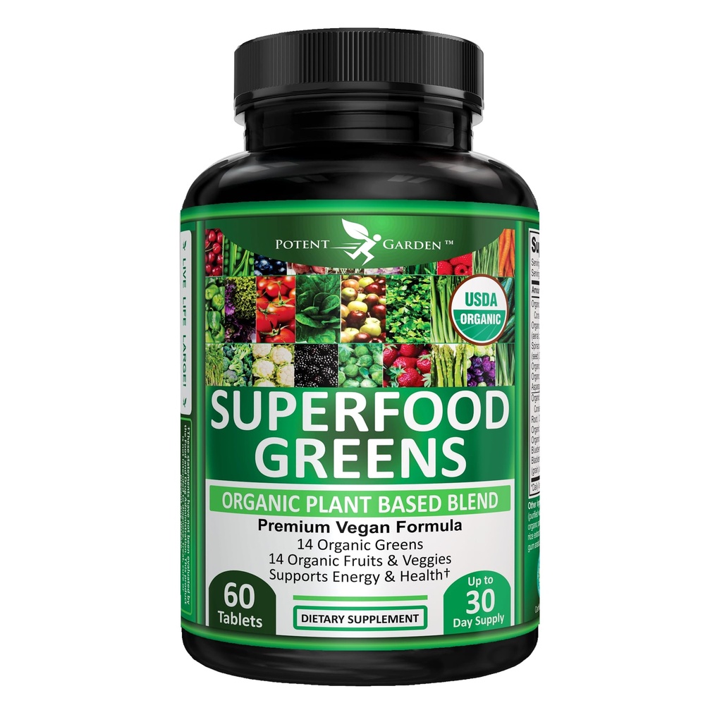 Poent Garden Organic Superfood Greens, Fruit and Veggies συμπλήρωμα πλούσιο σε βιταμίνες & αντιοξειδωτικά με Alfalfa, Beet Root & Tart Cherry για την ενίσχυση της ενέργειας, της ανοσίας & της ουροδόχου κύστης, ταμπλέτες πράσινου 60 Ct