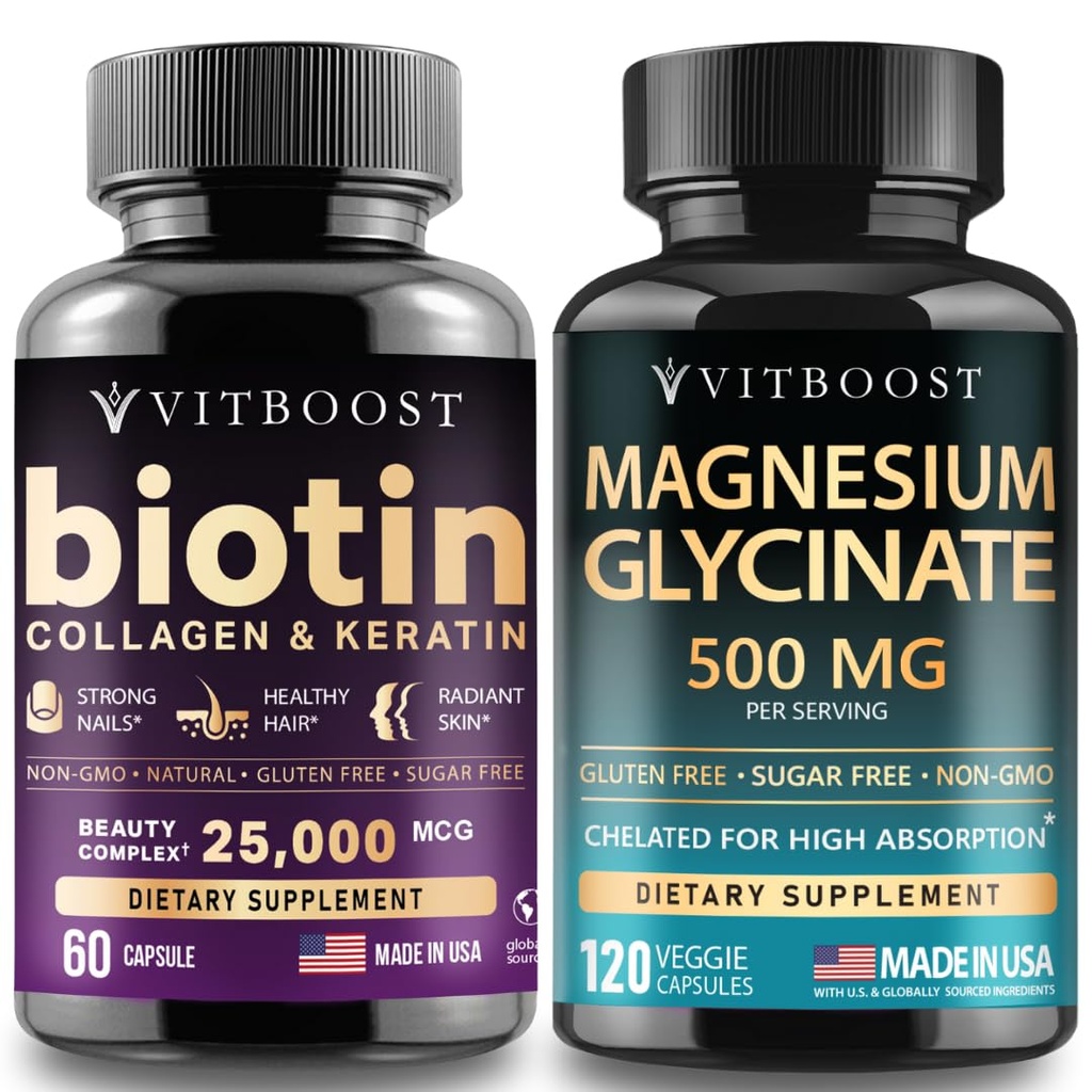 VITBOOST Biotin Collagen Keratin with Magnesium – Hair, Skin, Nails & Muscle Support Supplement Set