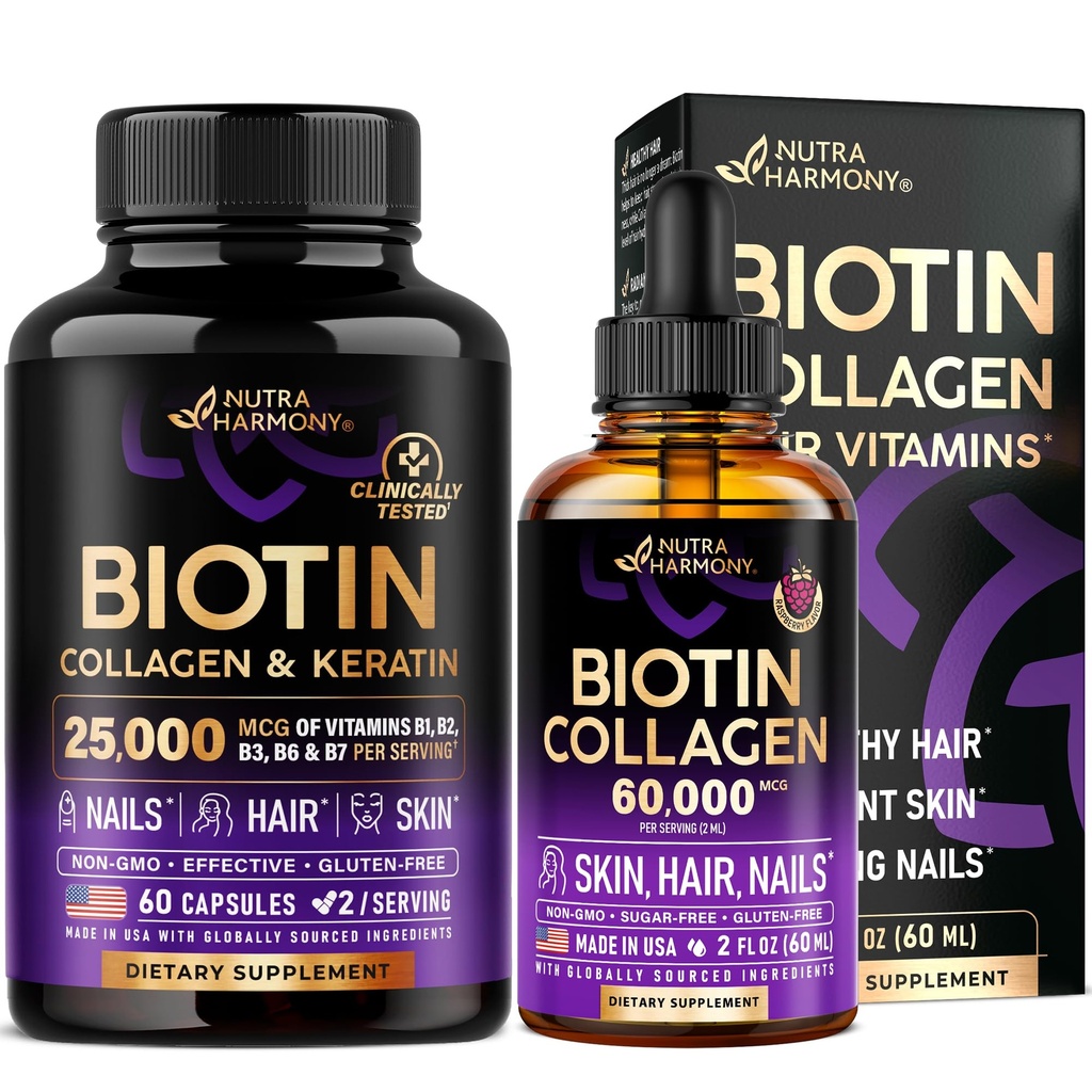 NUTRAHARMONY Biotin, Keratin, Hyaluronic Acid Capsules & Biotin, Collagen Drops