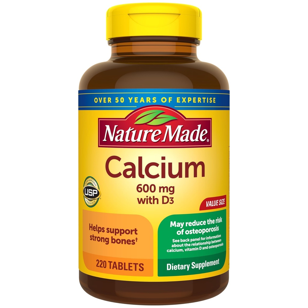 Nature Made Calcium 600 mg με βιταμίνη D3, Συμπλήρωμα διατροφής για την υποστήριξη των οστών, 220 δισκία