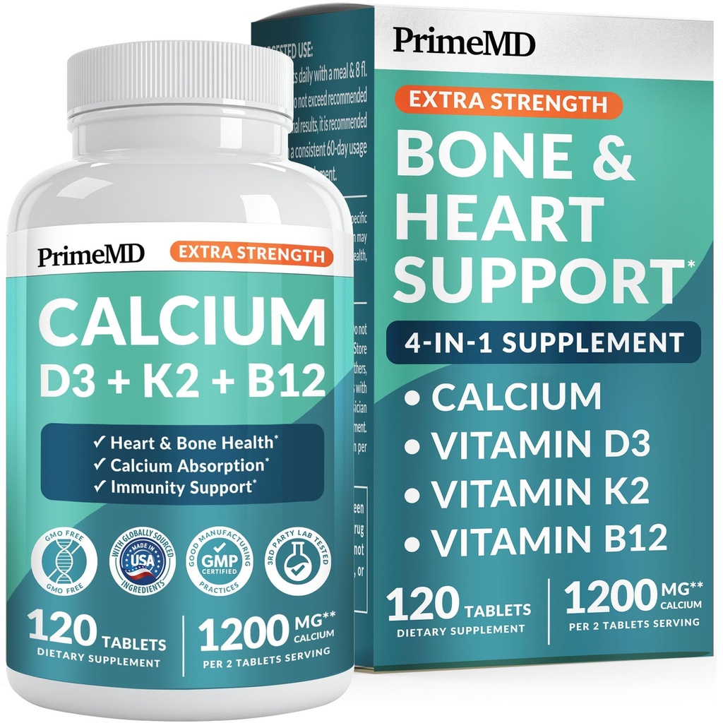 4-in-1 Calcium 1200 mg with Vitamin D3 K2 - Extra Strength Calcium Supplements for Women & Men with D3 K2 Vitamin 5000 IU - Everyday Vitality Supplement - Vegan-Friendly, Gluten-Free, Non-GMO (120ct)