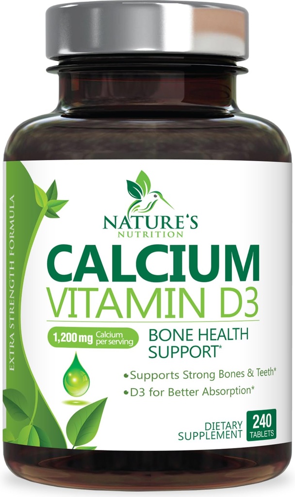 Calcium Supplement with Vitamin D3-1200 mg Calcium per Serving with D3 for Best Absorption - Supports Immune Health, Bones & Teeth - Nature's Calcium is Bottled in USA for Women & Men - 240 Tablets