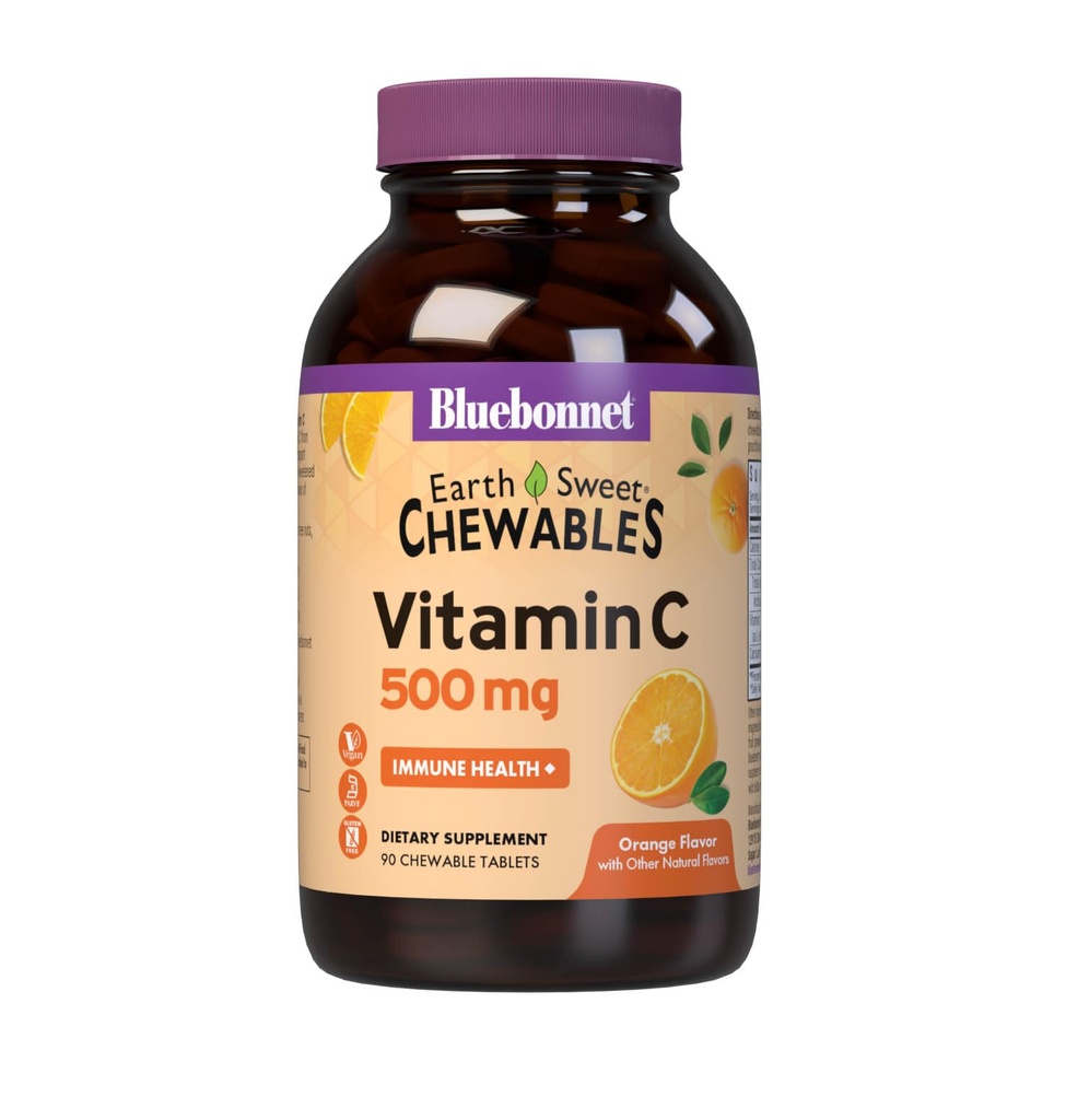 Bluebonnet Nutrition EarthSweet Vitamin C 500 mg Powerful Antioxidant Protection & Immune Health Support Supplement - Maximum Absorption - Gluten-Free, Vegan - Flavor - Chewable Tablets Orange, 90 Count (Pack of 1)
