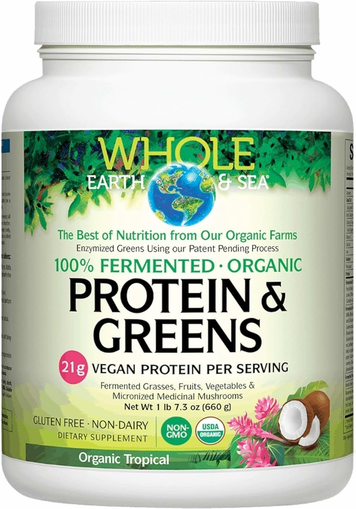 Whole Earth & Sea from Natural Factors, Organic Fermented Protein & Greens, Vegan Whole Food Supplement, Tropical, 1lb 7.3 Oz