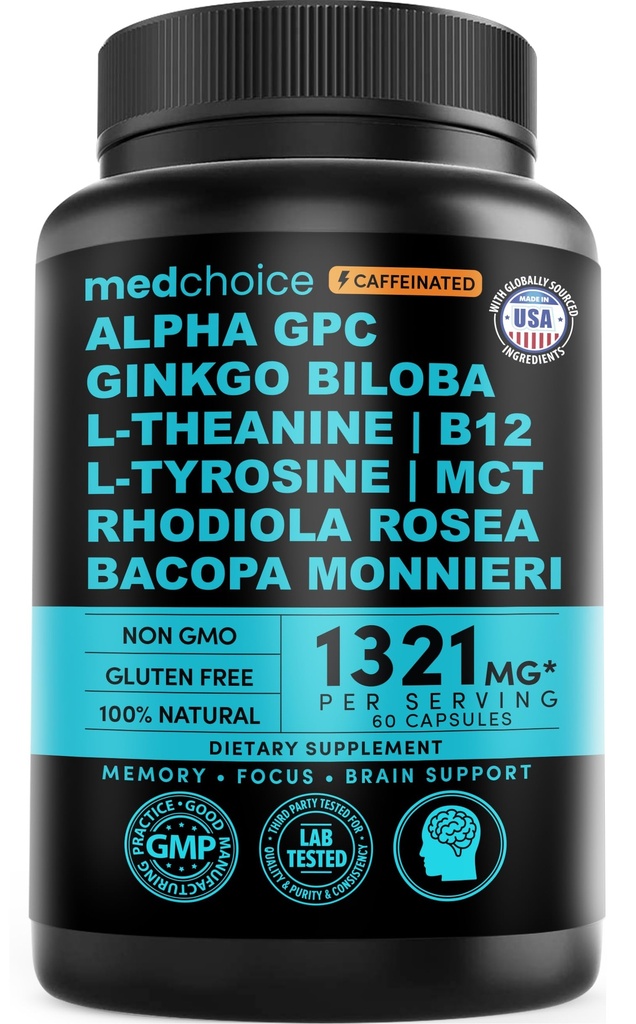 12-in-1 Nootropic Brain Supplement with Caffeine Anhydrus: Ginkgo Biloba for Brain Support, Memory and Focus - B12, Alpha GPC, L Theanine and Choline Supplements with Bioperine with 1321mg (60ct)