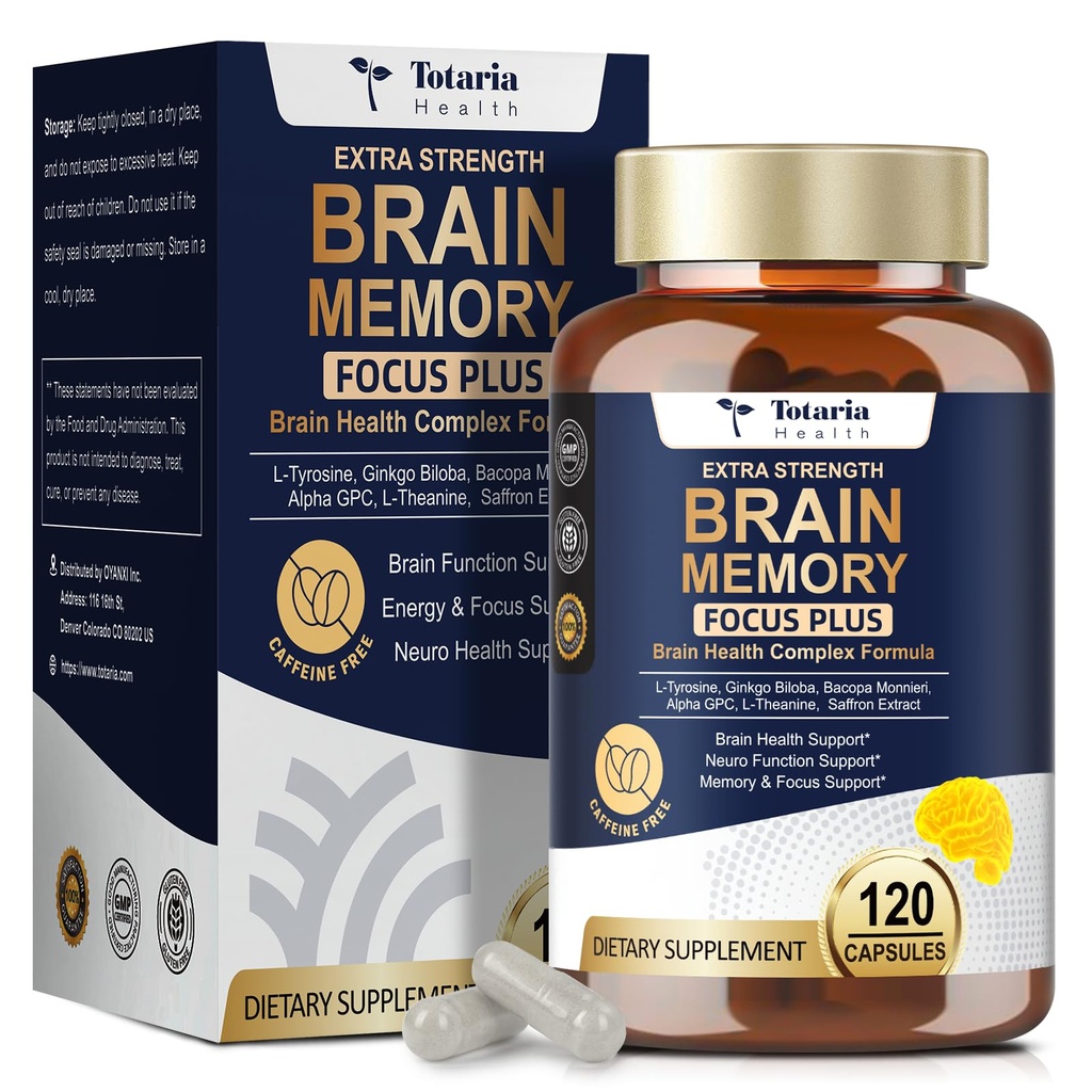 Totara Brain Supplements for Memory and Focus丨Non-Caffeinated Energy with L-Tyrosine, Alpha GPC, Ginkgo Biloba, Bacopa Monnieri, Saffron – Gluten Free, Non-GMO for Neuro & Brain Health (120 Counts)