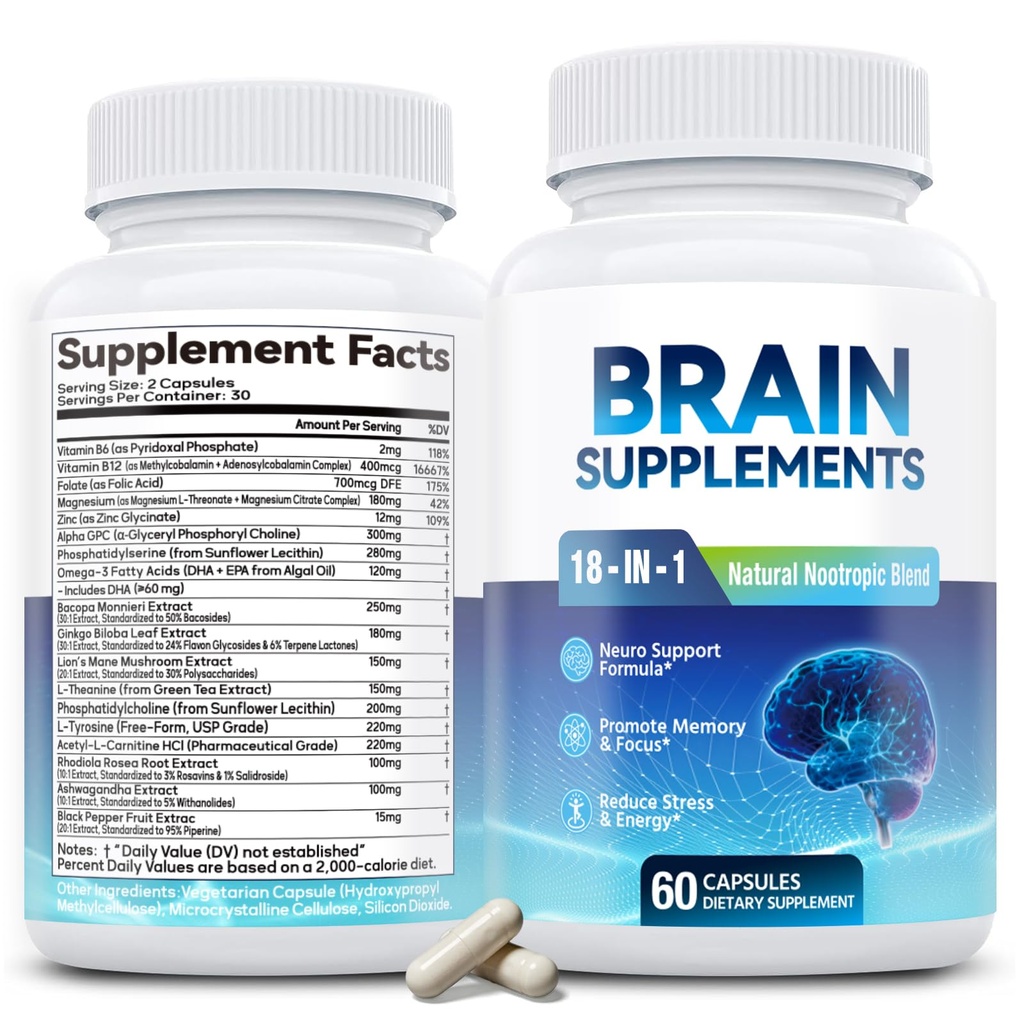 18-in-1 Brain Supplement for Memory and Focus – Nootropic Capsules with Alpha GPC, Bacopa, Ginkgo Biloba, Lion's Mane, Vitamin B6 & B12 | Cognitive Health, Mental Clarity | Vegan, Non-GMO